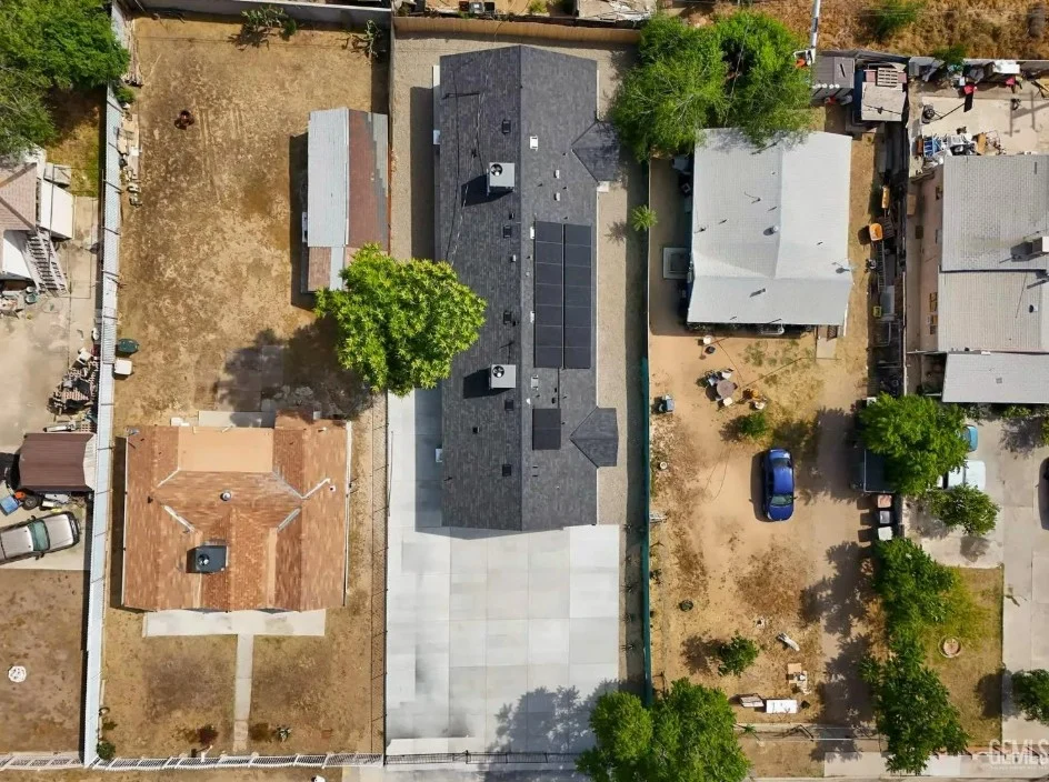 Aerial view of a completed 2,100-square-foot multifamily duplex in Bakersfield