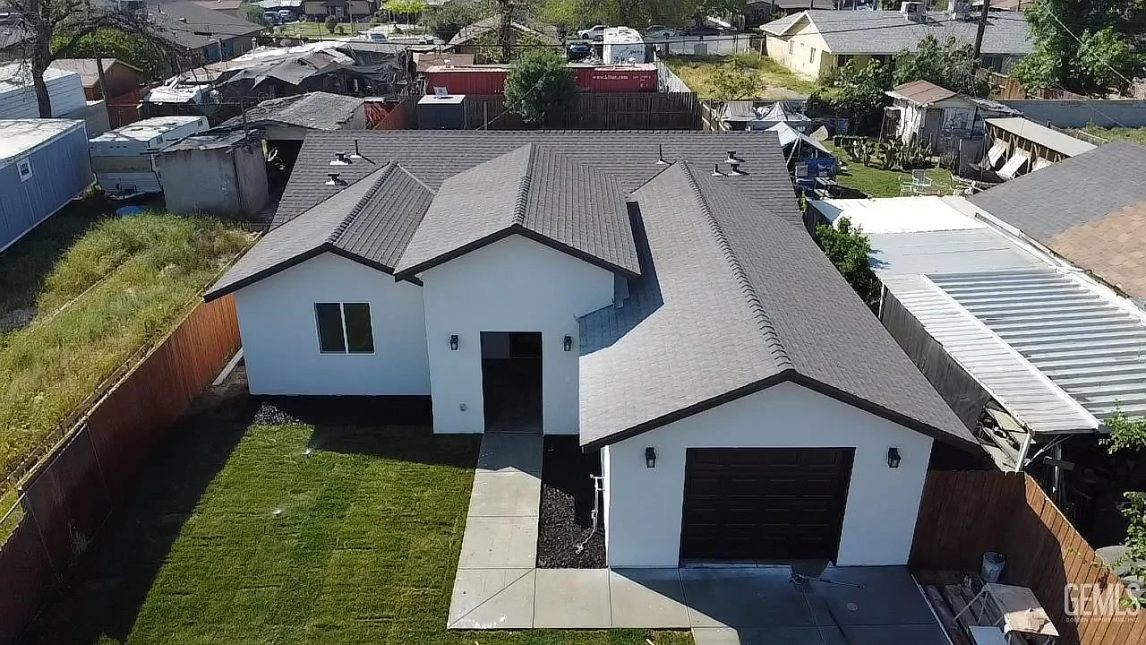 Aerial front view of a completed 1,350-square-foot Spanish-modern home in Bakersfield